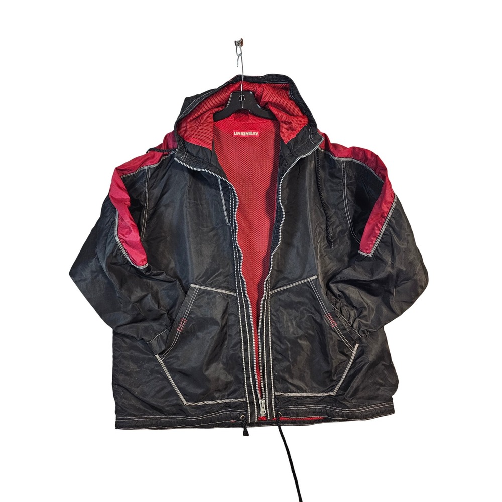 Y2K Unionbay Mens Black Red‎ Hooded Windbreaker Jacket Mesh Lined Size 3XL Vtg